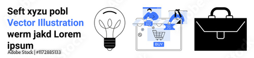Text next to a lightbulb, online shopping cart with people, and briefcase icons. Ideal for business solutions, e-commerce, innovation, entrepreneurship, strategy marketing and startups. Landing