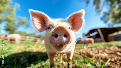 A friendly pig with bright eyes and a clean, soft appearance, captured in close-up at a traditional farm. Ideal for marketing farm-to-table food, educational materials about livest photo