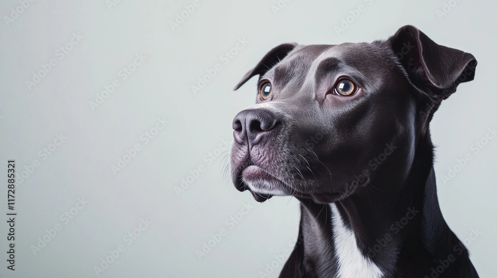 A close-up of a curious and energetic dog with a raised paw, showcasing its sleek coat and sharp gaze on a minimalist backdrop. Ideal for dog training schools, obedience classes, o A close-up of a curious and energetic dog with a raised paw, showcasing its sleek coat and sharp gaze on a minimalist backdrop. Ideal for dog training schools, obedience classes, o