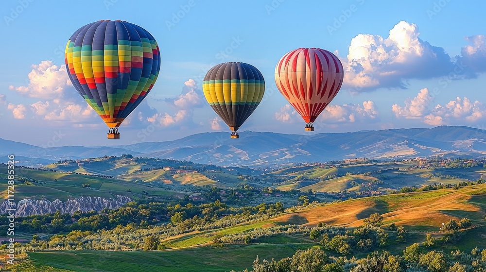 Obraz premium Colorful hot air balloons float over a picturesque landscape, showcasing rolling hills and a bright blue sky dotted with fluffy clouds.