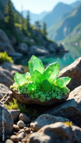 Peridot crystal formation in a rocky mountain landscape, rocks and minerals, mineralogy, rocky mountains
