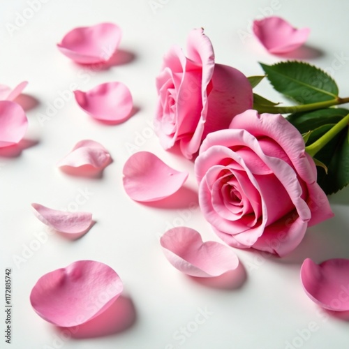 Pink rose petals scattered on a white surface with a few leaves falling gently, floral arrangements, pink flowers, calm landscape