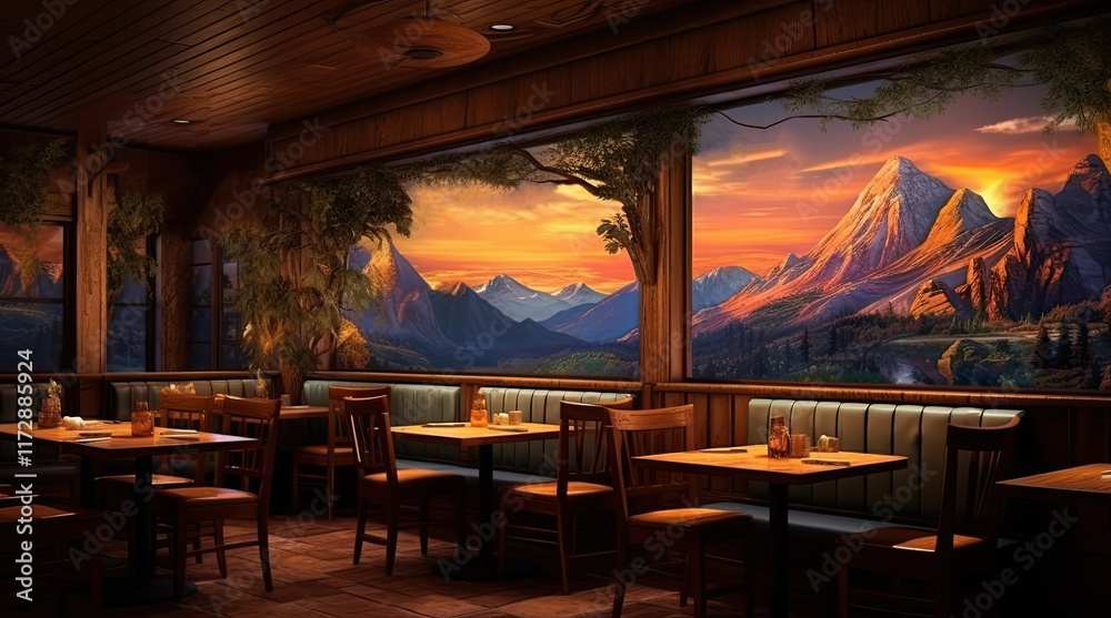 An illustration of a restaurant with a mountain view