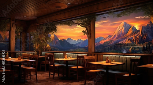 Obraz na płótnie An illustration of a restaurant with a mountain view w salonie