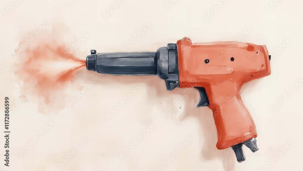 Red tool spraying paint, studio backdrop. Red tool spraying paint, studio backdrop.