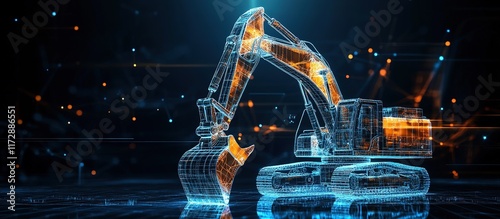 Fototapeta Naklejka Na Ścianę i Meble -  Excavator digital wireframe glowing on dark background with particles.