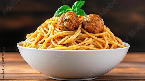 A dance recital in a bowl of spaghetti with meatballs and tomato sauce. High Quality