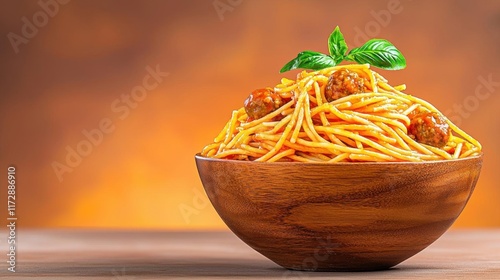 A dance recital in a bowl of spaghetti with meatballs and tomato sauce. High Quality