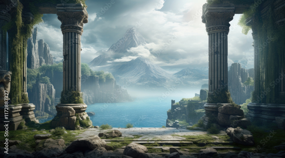A view of ancient building pillars, a river, and cloudy skies