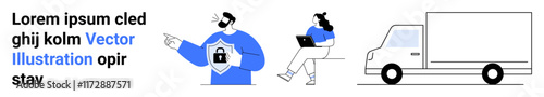 Business professional using laptop, person with lock and shield, and delivery truck. Ideal for business, security, digital communication, logistics, online work, delivery service, urban lifestyle