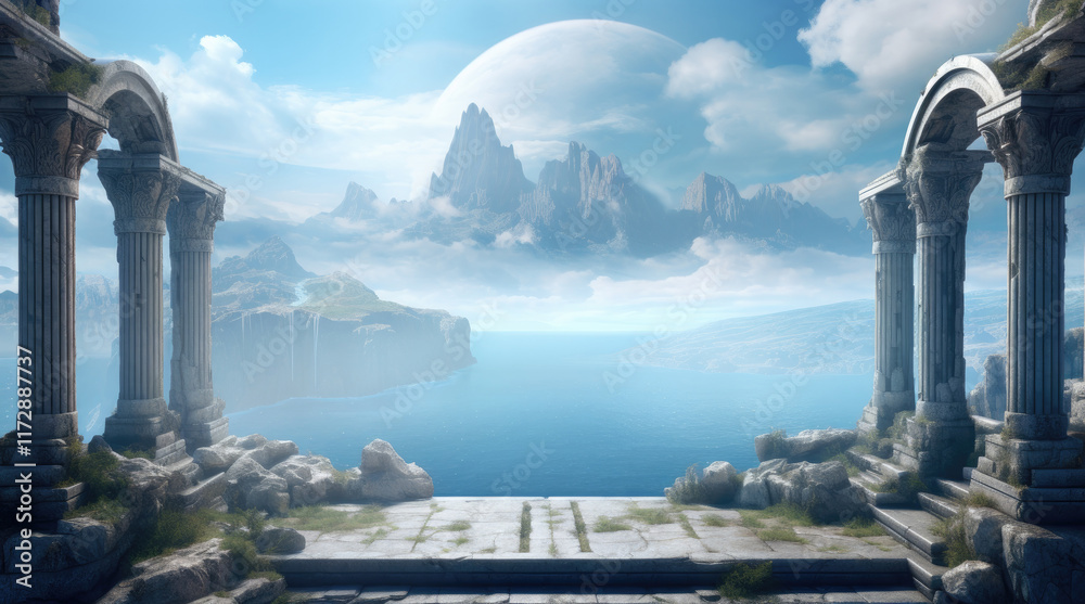 A view of ancient building pillars, a river, rock mountains, and a cliff