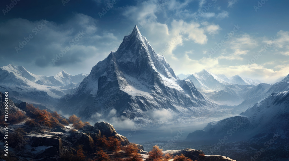 An illustration of a view of rock mountains