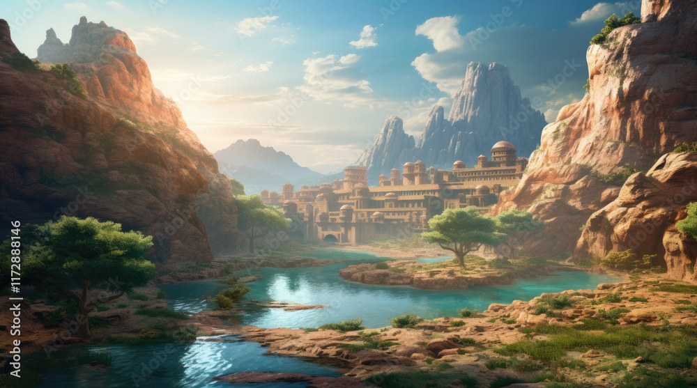 An illustration of an ancient building, a pond, and a cliff