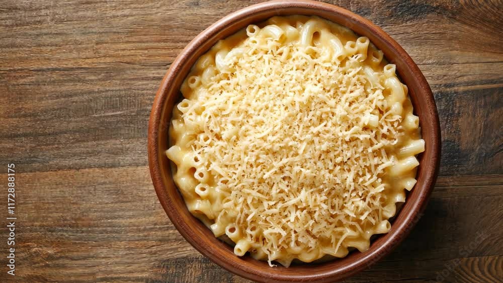 Creamy macaroni and cheese with crispy topping in a wooden bowl on a rustic surface Creamy macaroni and cheese with crispy topping in a wooden bowl on a rustic surface