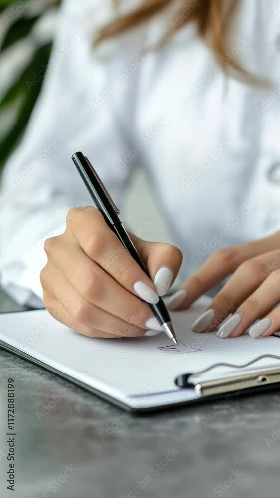 Female doctor in white coat taking notes with a pen on a clipboard during a psychotherapy session, providing psychological support and guidance to a patient Female doctor in white coat taking notes with a pen on a clipboard during a psychotherapy session, providing psychological support and guidance to a patient