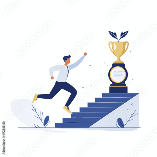 Illustration of success: trophy atop dark blue pedestal. photo