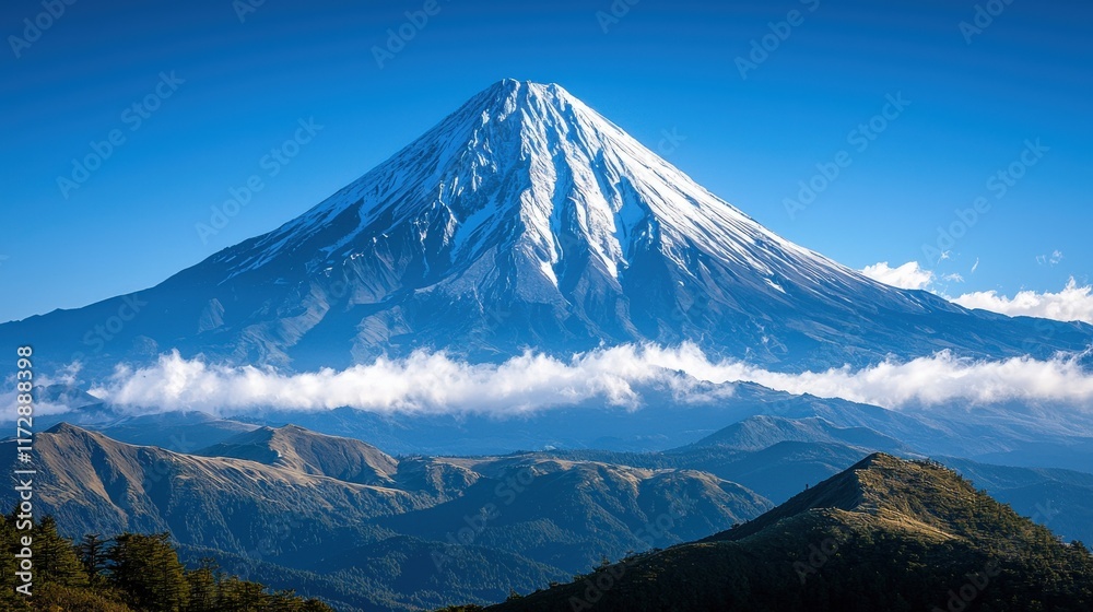 A majestic snow-capped mountain rises against a clear blue sky, surrounded by low clouds and lush green hills. A majestic snow-capped mountain rises against a clear blue sky, surrounded by low clouds and lush green hills.