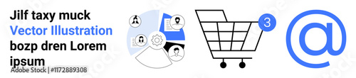 Shopping cart with notification, user profiles, gear wheel, and large email symbol. Ideal for e-commerce, networking, online shopping, digital communication, customer engagement, internet services