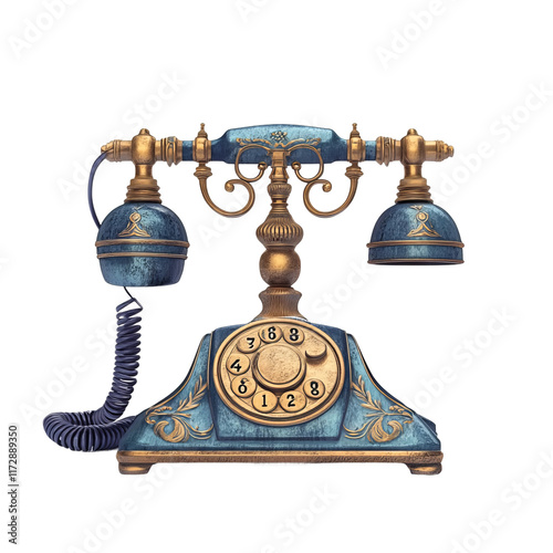 Antique Telephone: a striking depiction of a vintage telephone, its elegant design and intricate details. The rotary dial, handset.