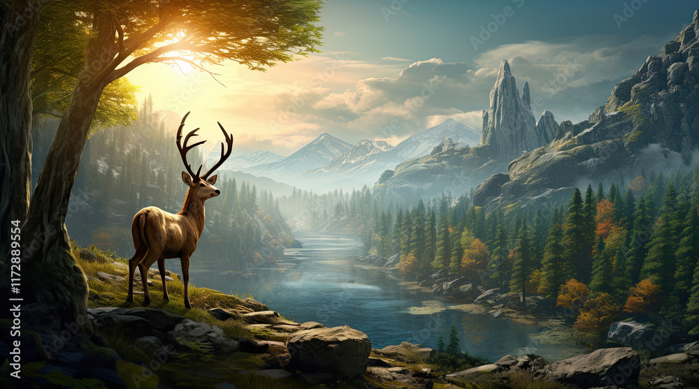 An illustration of a deer near a river