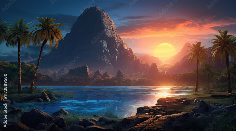 An illustration of rock mountains and a river in the evening