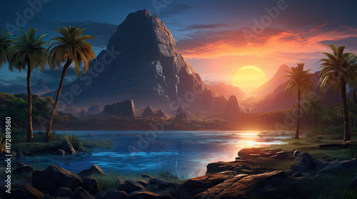 Obraz na płótnie An illustration of rock mountains and a river in the evening w salonie
