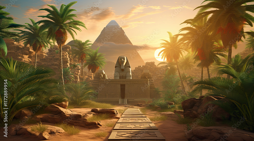 An illustration of an ancient Egyptian building and a pyramid