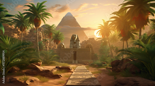 Obraz na płótnie An illustration of an ancient Egyptian building and a pyramid w salonie