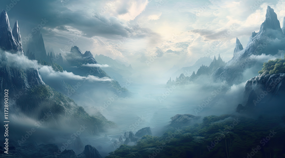 An illustration of a misty natural landscape