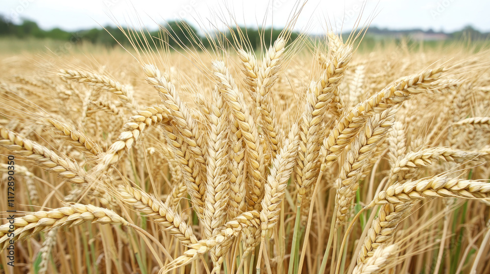 Golden Wheat Field Under Cloudy Sky with Green Hills in Background Golden Wheat Field Under Cloudy Sky with Green Hills in Background
