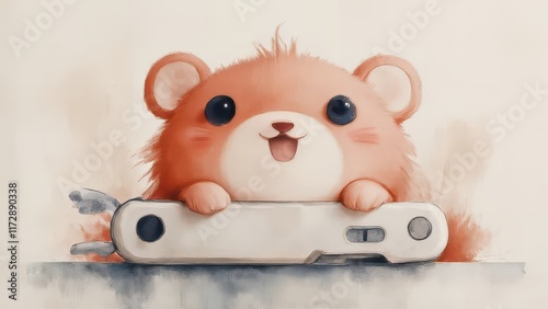 Happy bear cub holding tool, pastel background, illustration. photo