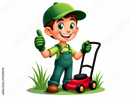 Smiling Cartoon Lawn Care Worker Giving Thumbs-Up in Green Cap for Logo and Mascot Designs