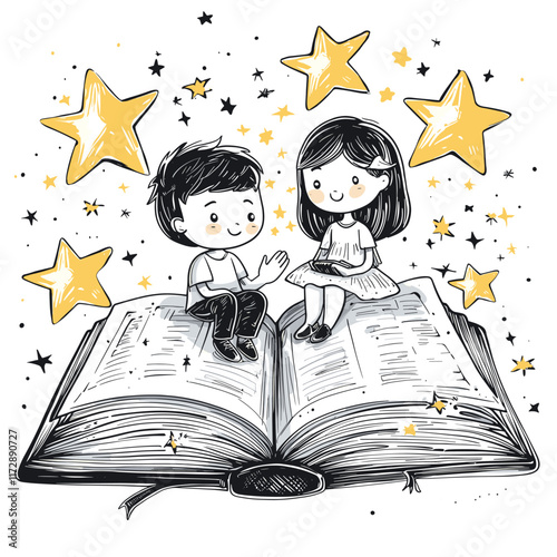 Two children sitting on an open book with stars around.