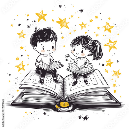 Two children sitting on an open book with stars around.