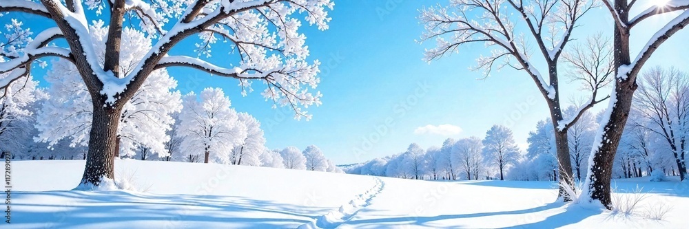 A snow-covered forest with bare trees against clear blue sky, snowy trees, branches, winter landscape A snow-covered forest with bare trees against clear blue sky, snowy trees, branches, winter landscape