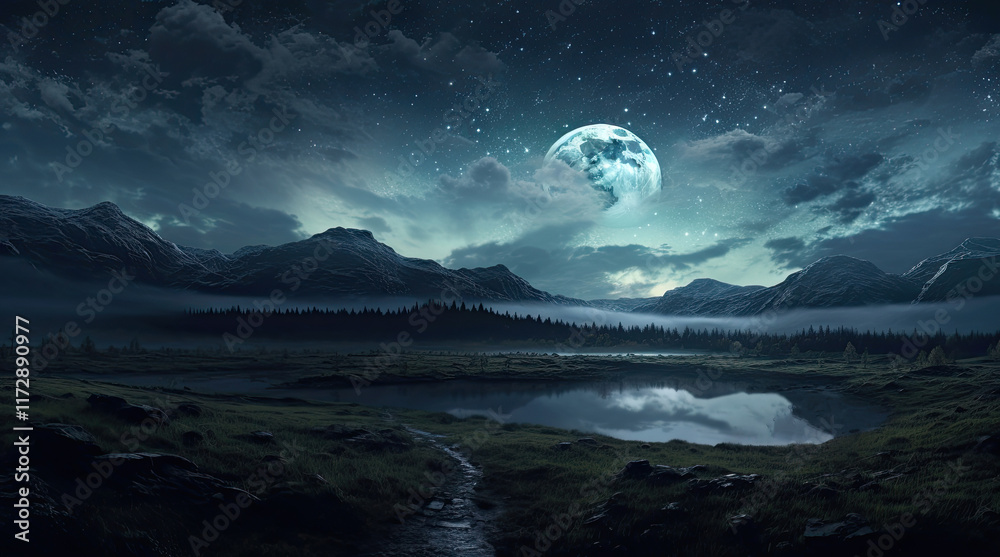 A natural landscape view with the moon at night