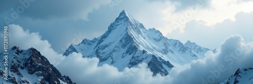 Clouds conceal the snowy mountain's highest point, stormy, peak