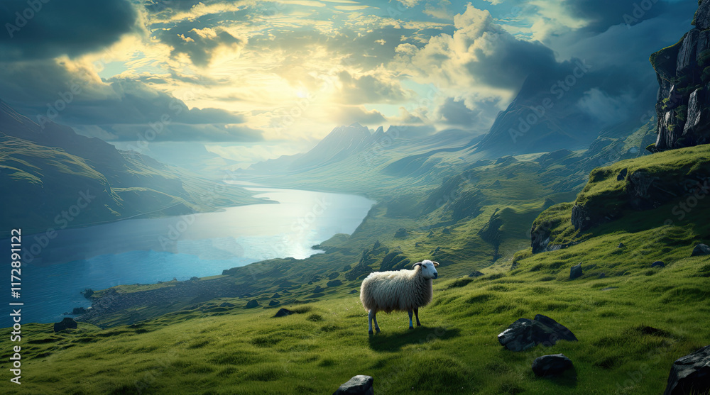 A view of a sheep, a river, and mountains in the morning