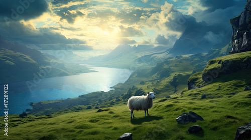 Obraz na płótnie A view of a sheep, a river, and mountains in the morning w salonie