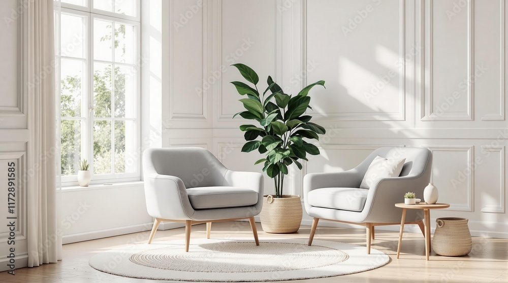 Fototapeta premium Modern living room: minimalist armchairs and indoor plant in sunlit space