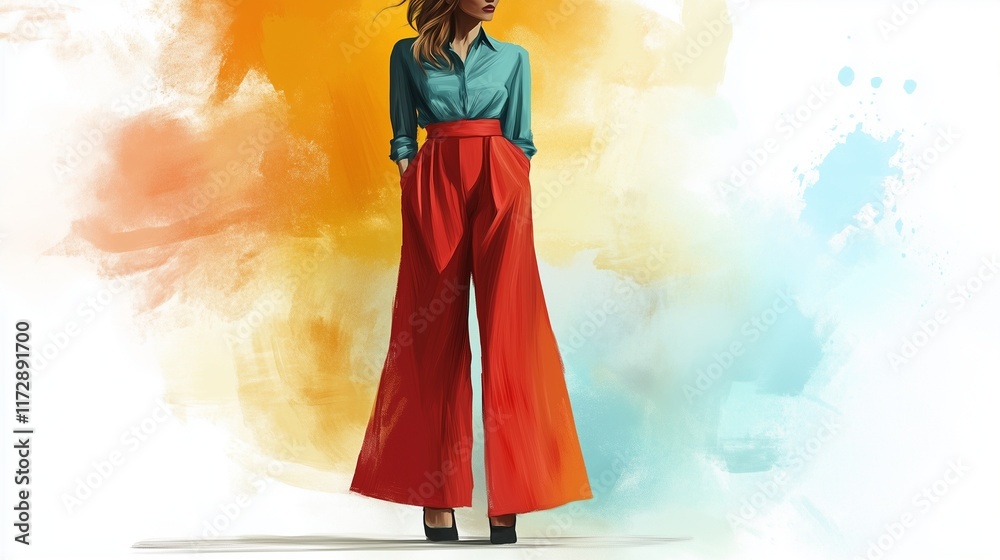 abstract fashion models sketch in very wide pants, oil drawn abstract fashion models sketch in very wide pants, oil drawn