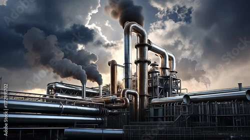 Industrial Factory with Metal Pipes Emitting Smoke Against a Dramatic Cloudy Sky

 photo