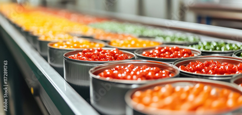Neatly arranged rows of colorful canned goods on conveyor belt create vibrant display