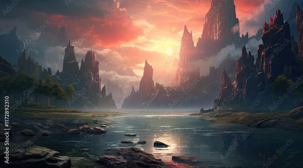 A natural landscape view with a river and towering rocks