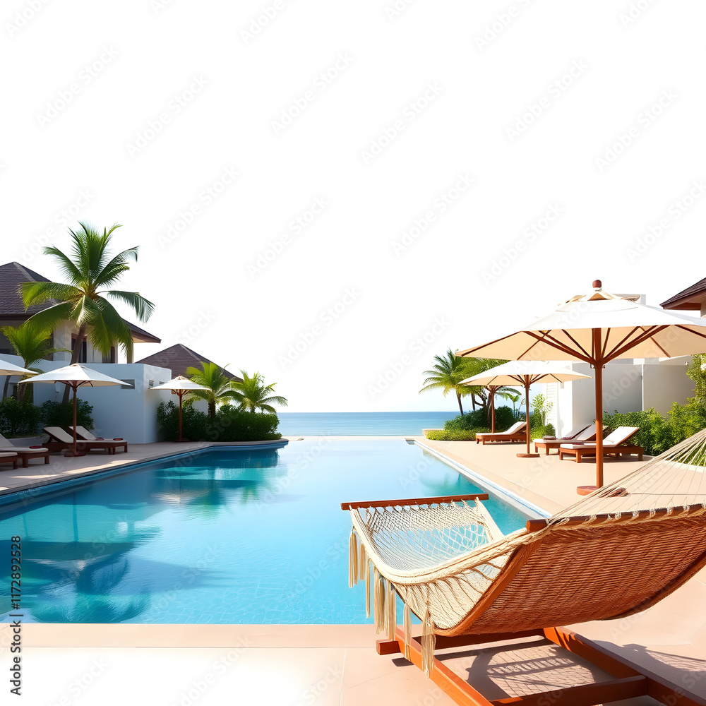 Fototapeta premium Vacation luxury resort with a swimming pool hammock and umbrellas on white background