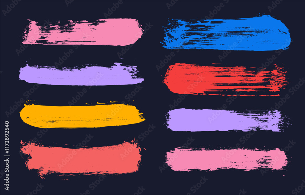 Set of text boxes dry brush on canvas. Colored brush strokes vector. Paintbrush grunge elements. Dirty texture banners collection. Colorful painted rectangles and long strokes. Vector illustration.