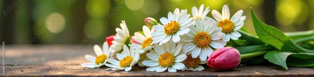 Fresh chamomile flowers in a loose, organic bouquet on a garden table, table, tulips Fresh chamomile flowers in a loose, organic bouquet on a garden table, table, tulips