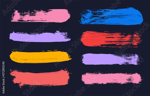 Set of text boxes dry brush on canvas. Colored brush strokes vector. Paintbrush grunge elements. Dirty texture banners collection. Colorful painted rectangles and long strokes. Vector illustration.
