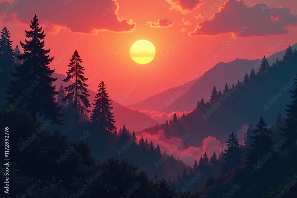 Fototapeta premium Glowing embers of sunset cast on misty forest, glow, sunset, atmospheric