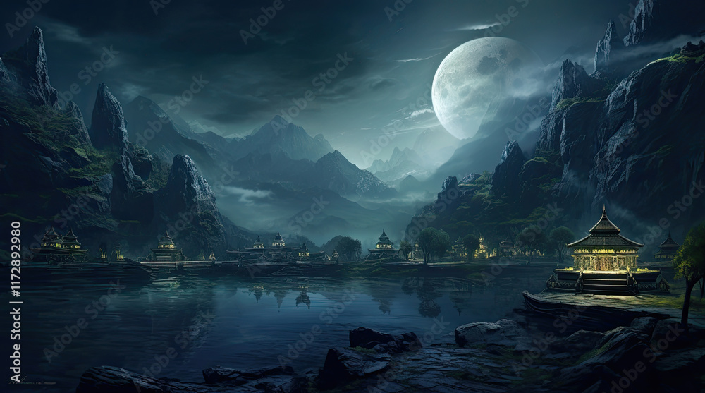 A view of an ancient building, a pond, and a supermoon at night
